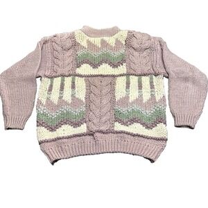 VTG Bramble Lane Hand Knit Sweater Sz M Ramie Blend Floral Cottagecore Geometric